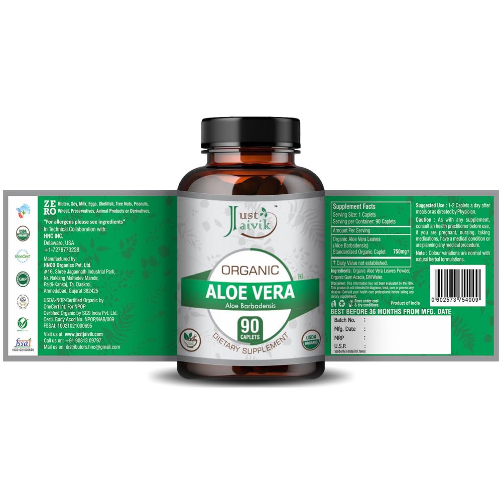 Just Jaivik Organic Aloe Vera Tablets 750 mg, 90 Count
