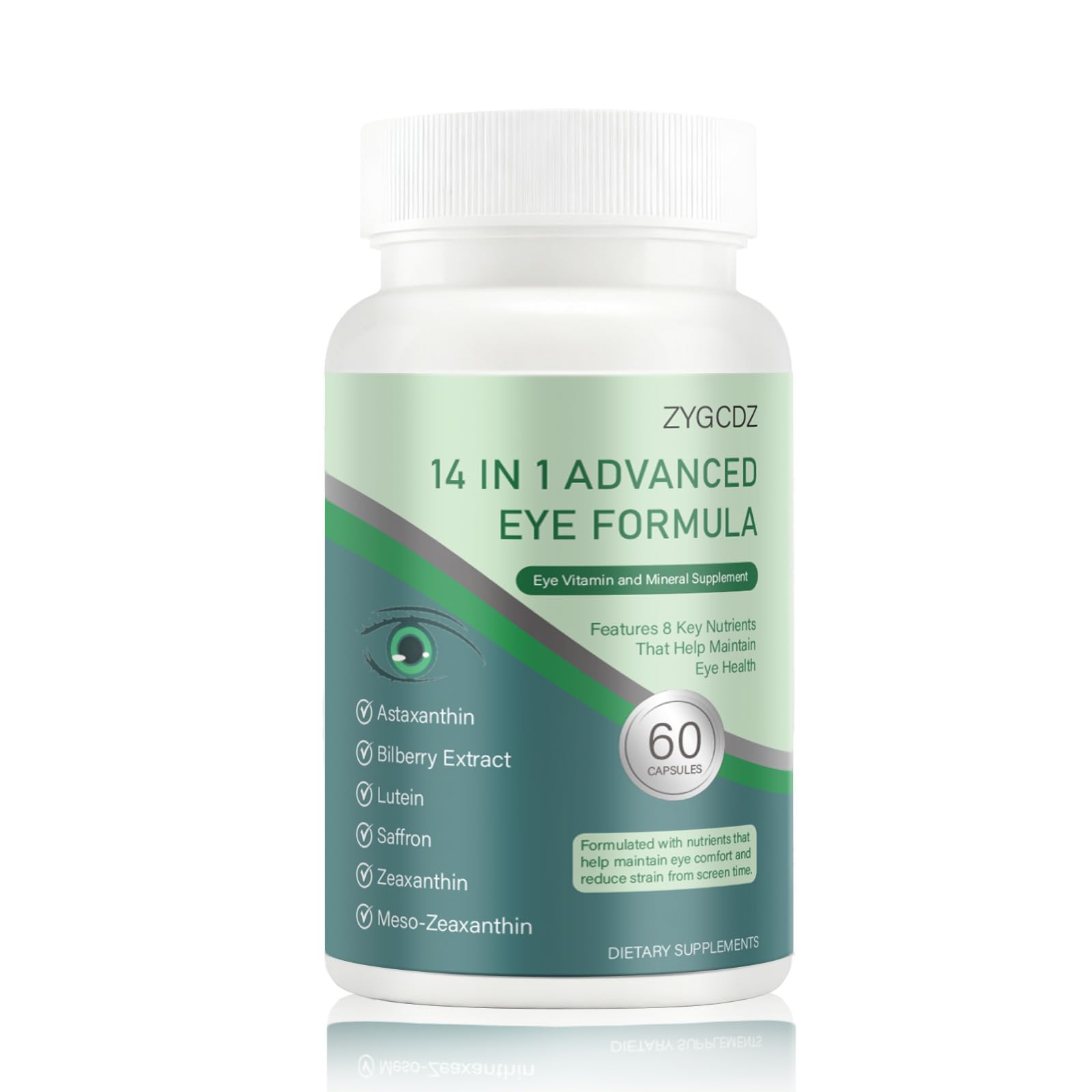 ZYGCDZ 14-in-1 Advanced Eye Vitamin Supplement with Lutein, Zeaxanthin, Bilberry Extract & Zinc for Adults - Supports Vision, Macula & Blue Light Protection, 60 Capsules