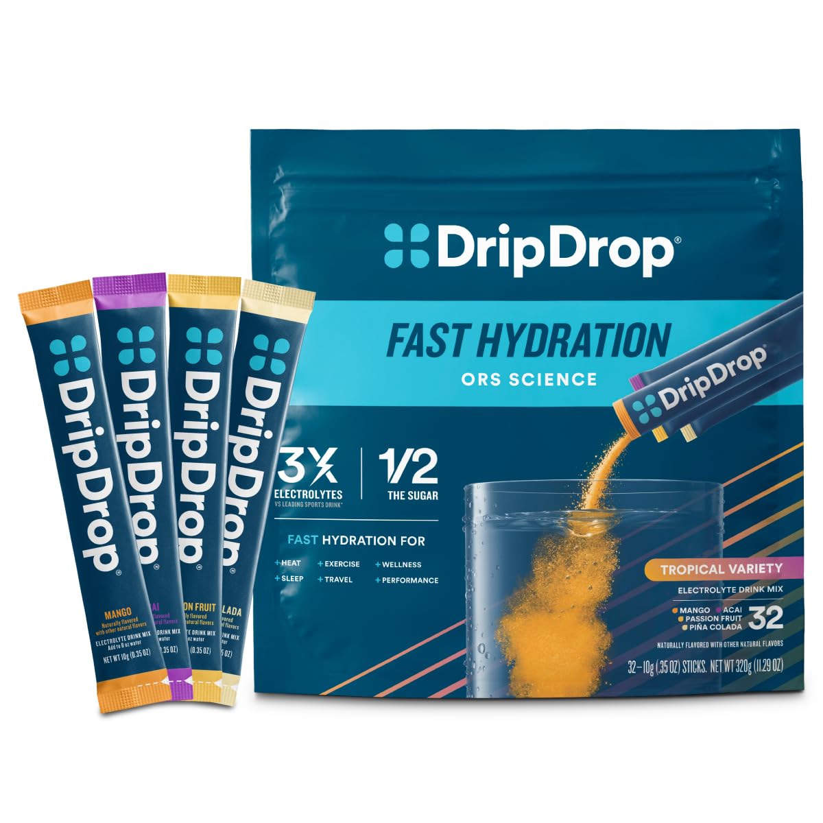 DripDrop Hydration Tropical Variety Pack Electrolyte Packets Powder 32 Count