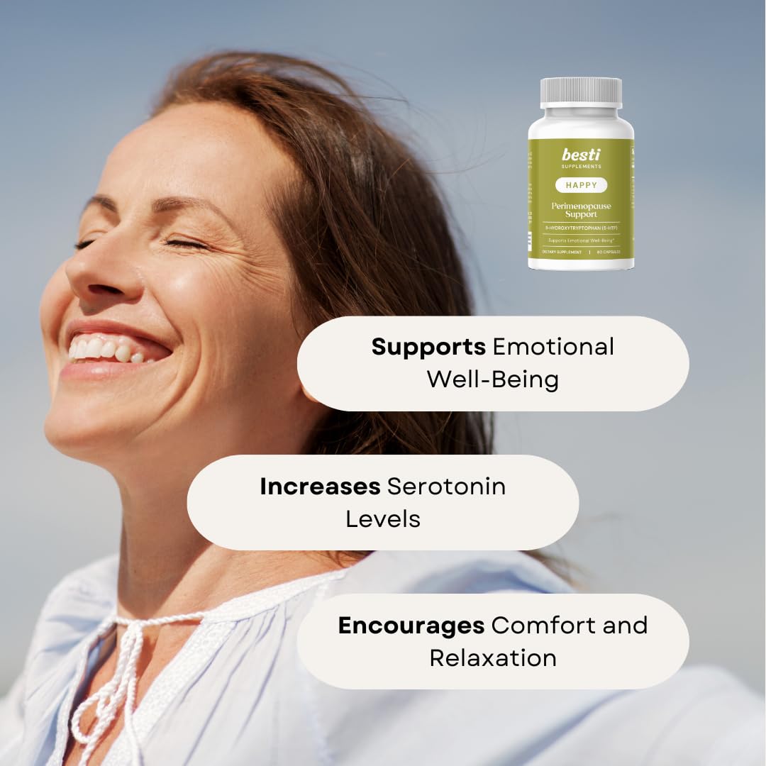 Besti Happy Perimenopause Support 5-HTP (5-Hydroxytryptophan) Serotonin Boosting Supplement, 60 Capsules