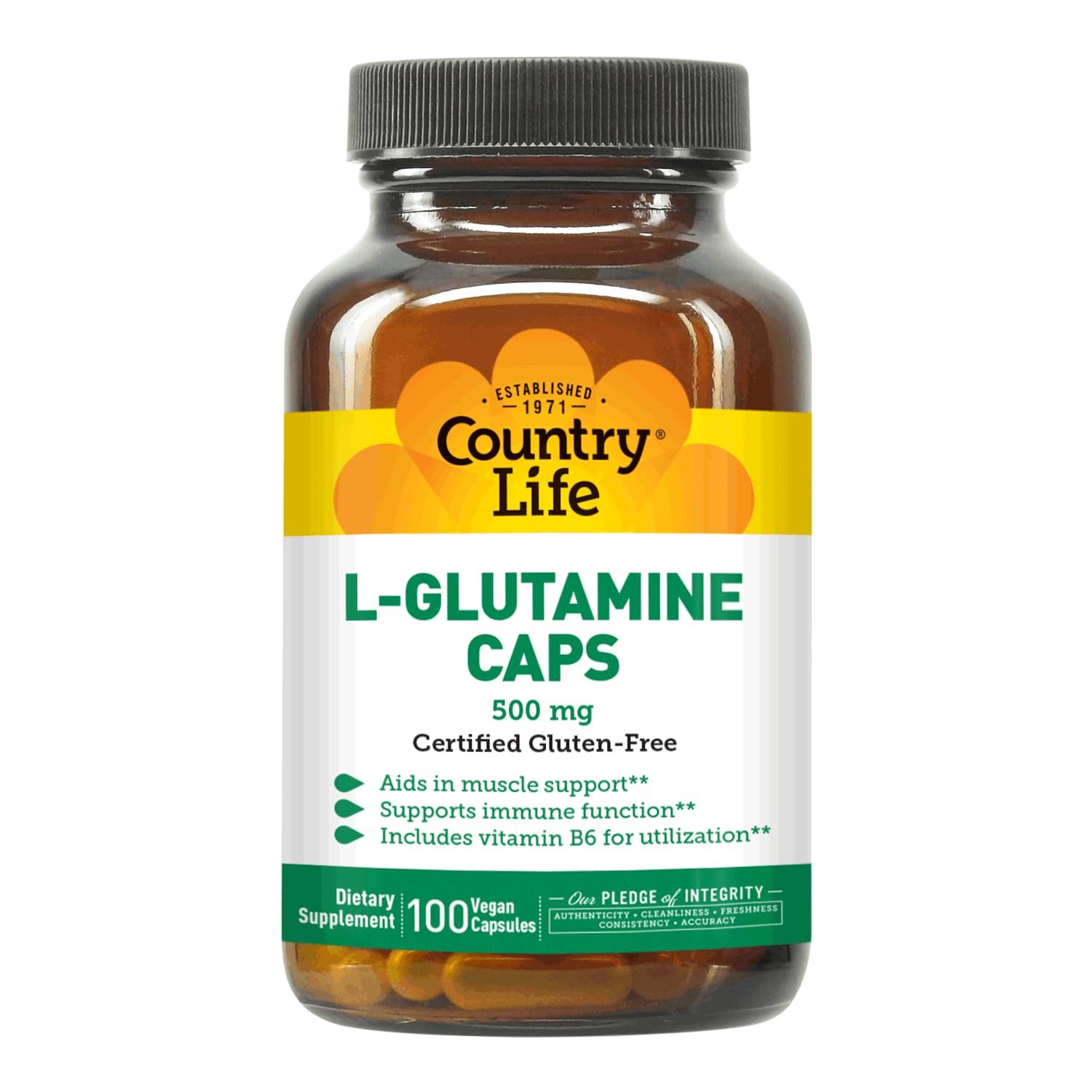 Country Life L-Glutamine 500 mg with B6 Capsules, 100 Count