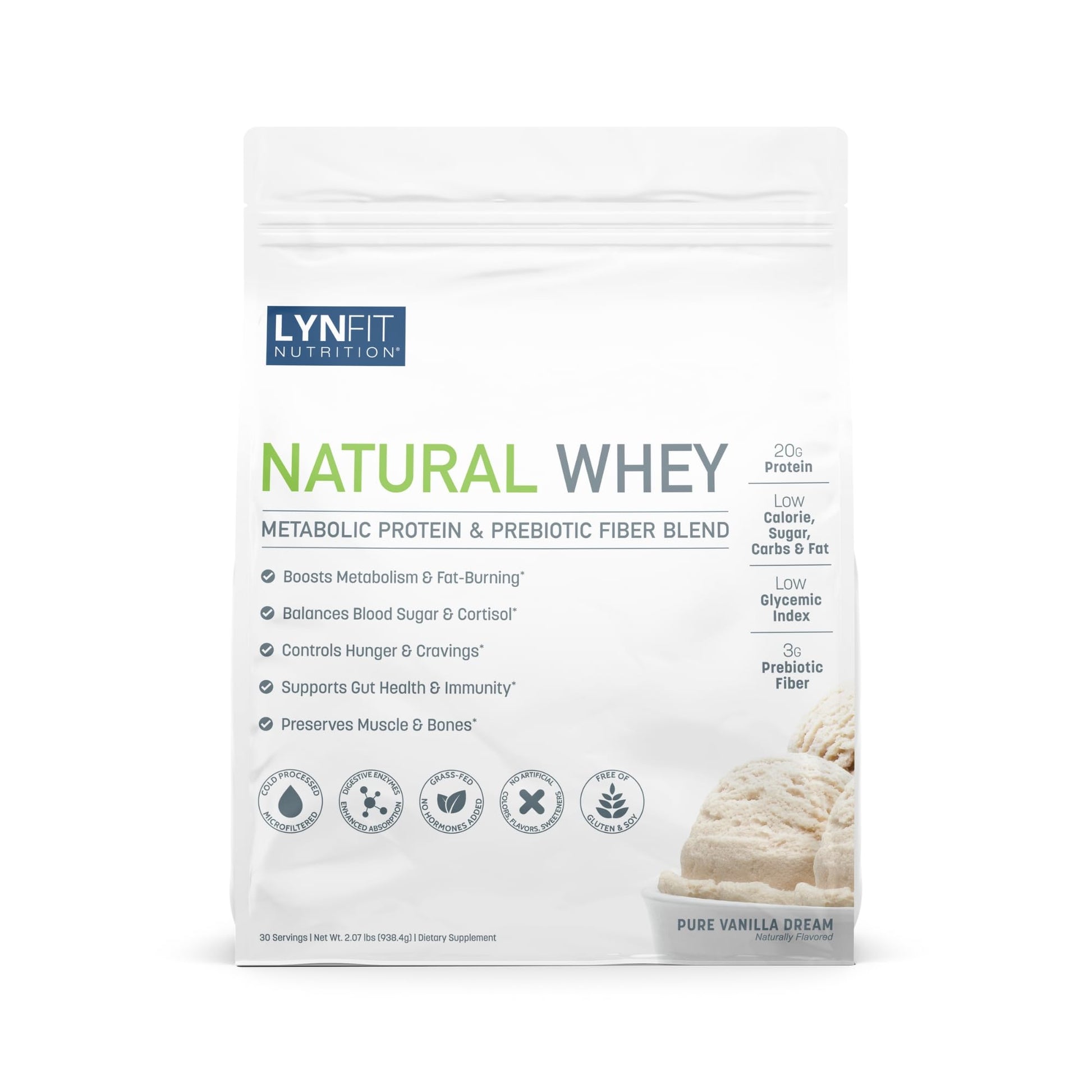 LynFit Nutrition Metabolic Boosting Natural Whey Lactose & Sugar-Free Protein with Prebiotic Fiber Vanilla Dream Powder, 30 Servings