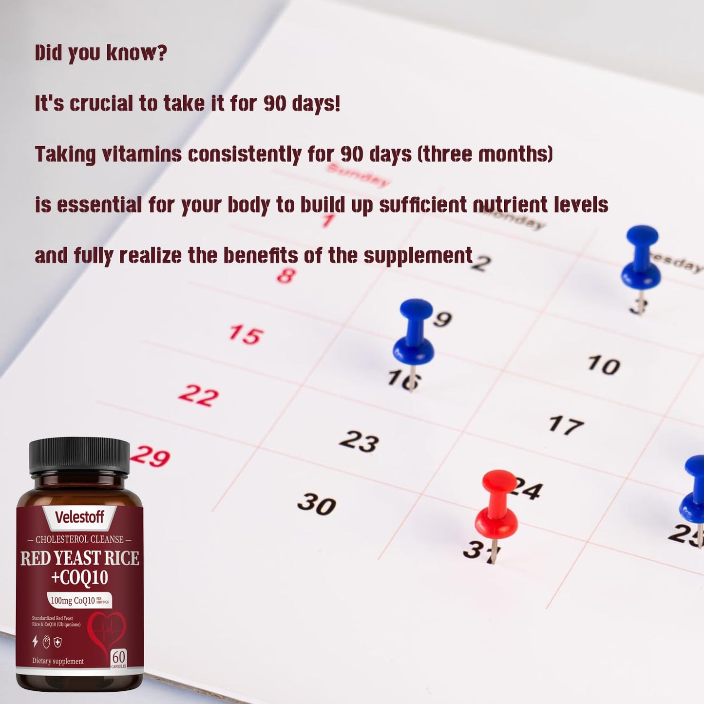 Velestoff Red Yeast Rice & CoQ10 Heart & Cholesterol Support Capsules, Citrinin-Free, Third-Party Tested, Vegan, USA-Formulated, 1 Capsule