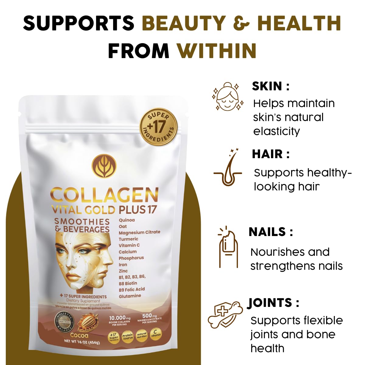 Gold Vital Life Collagen Peptides Powder - Hydrolyzed Collagen with +17 Super Ingredients, 1 lb Cocoa Flavor, Supplement for Healthy Hair, Skin, Nails, Bones, Joints, Collagen for Women & Men, 16 Servings