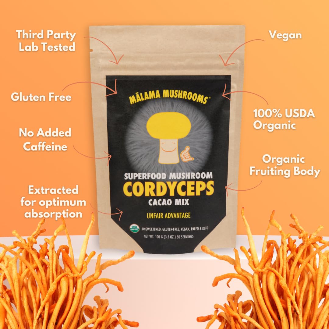 Malama Mushrooms Organic Mushroom Hot Cacao Mix with Cordyceps Mushroom Powder, Powder, 3.5 oz