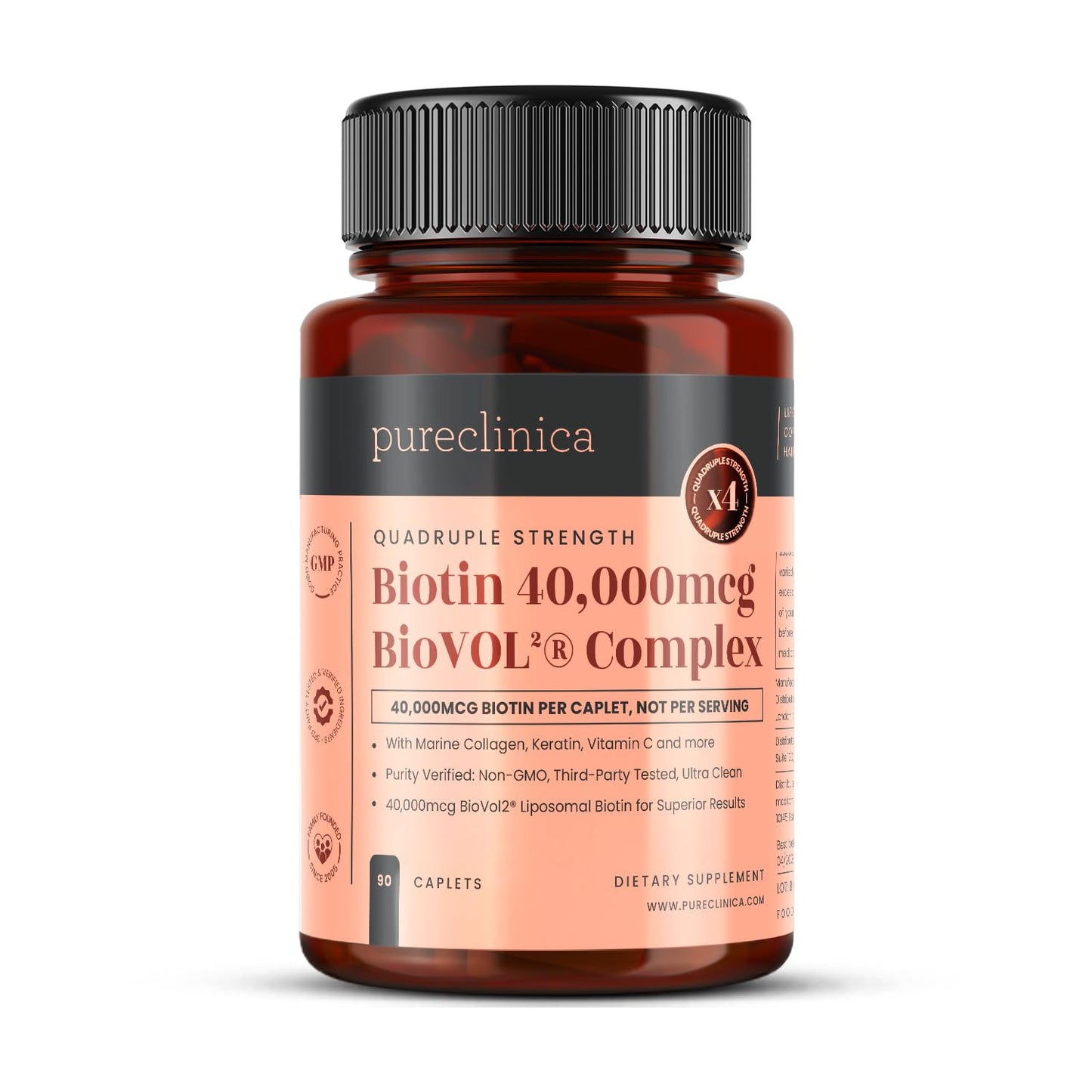 PureClinica Biotin 400% Strength 40,000mcg BioVOL²® Liposomal Biotin Complex Caplets 90 Count