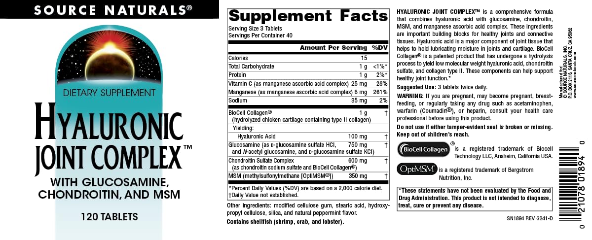 Source Naturals Hyaluronic Joint Complex with Glucosamine, Chondroitin & MSM Extra Strength Tablets, 120 Count