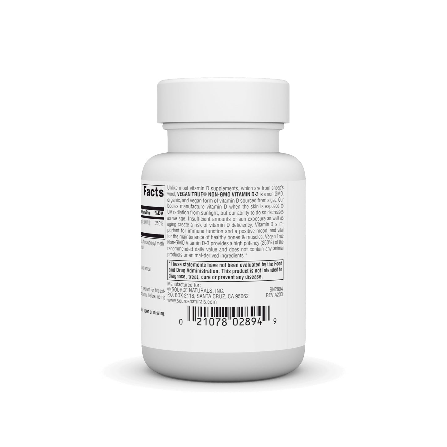 Source Naturals Vegan True Vitamin D-3 2000 IU Non-GMO Dietary Supplement for Immune and Bone Health, Capsule, 60 Count