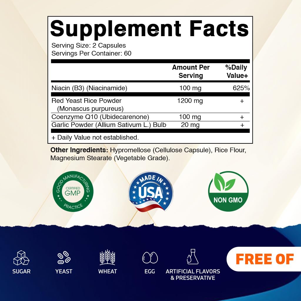 Vitamatic Citrinin-Free Red Yeast Rice 1200 mg Capsules with CoQ10 100 mg, Flush-Free Niacin 100 mg, Garlic Powder 20 mg - 120 Veg Capsules