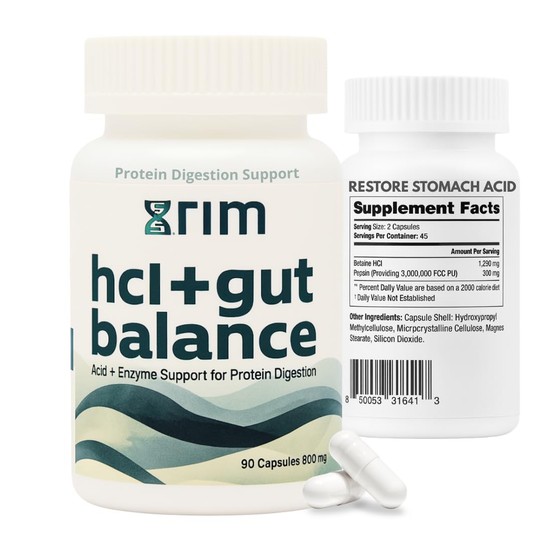 Xrim Betaine HCl + Pepsin Digestive Enzyme Supplement - Advanced Stomach Acid Support for Protein Breakdown & Nutrient Absorption 90 Capsules