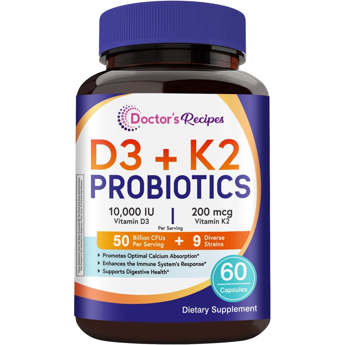 Doctor's Recipes Vitamin D3 K2 with Probiotics for Women & Men, 10000 IU D3, 200 mcg K2 for Bone & Immune Health, 50 Billion CFU Probiotics with Akkermansia Muciniphila for Gut Balance, 60 Capsules