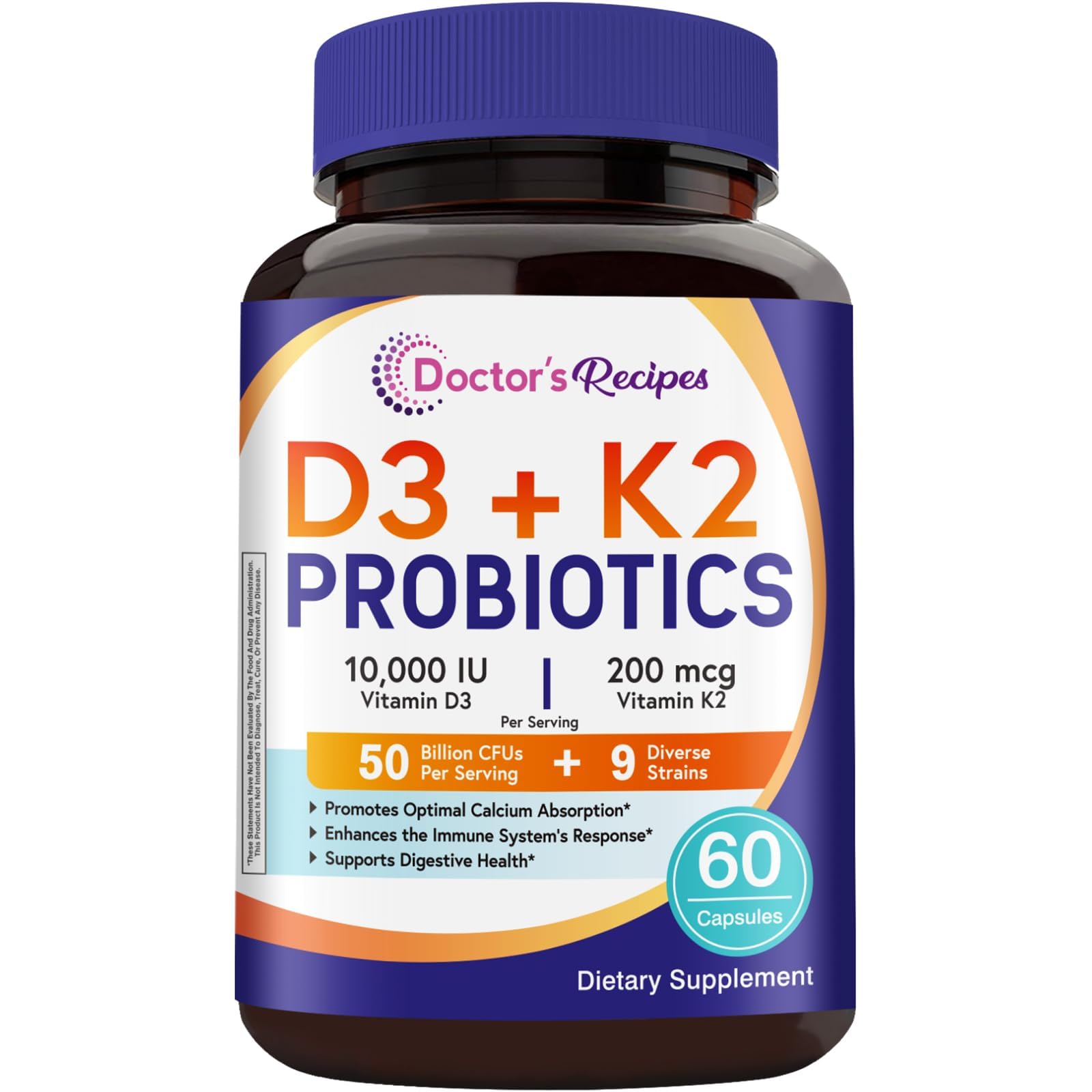 Doctor's Recipes Vitamin D3 K2 with Probiotics for Women & Men, 10000 IU D3, 200 mcg K2 for Bone & Immune Health, 50 Billion CFU Probiotics with Akkermansia Muciniphila for Gut Balance, 60 Capsules