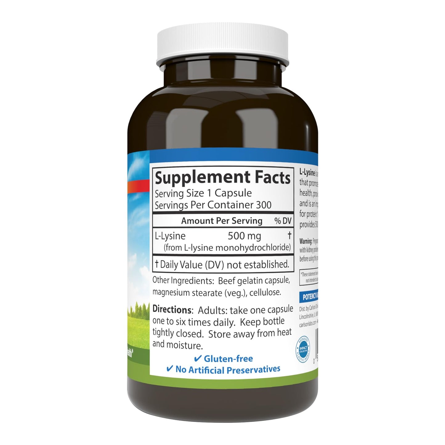 Carlson L-Lysine 500 mg Capsules, 300 Capsules
