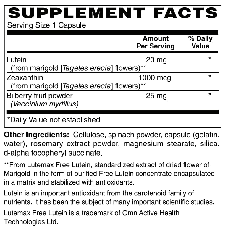 AlchePharma Lutein Plus 20 MG (crystalline Free Lutein) w/Zeaxanthin and Bilberry - Lutemax® Capsules, 30 Count