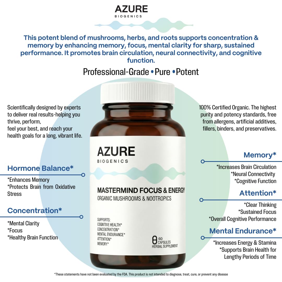 Azure Biogenics Mastermind Focus & Energy Nootropic and Adaptogen Mushroom Supplement Capsule, 60 Count