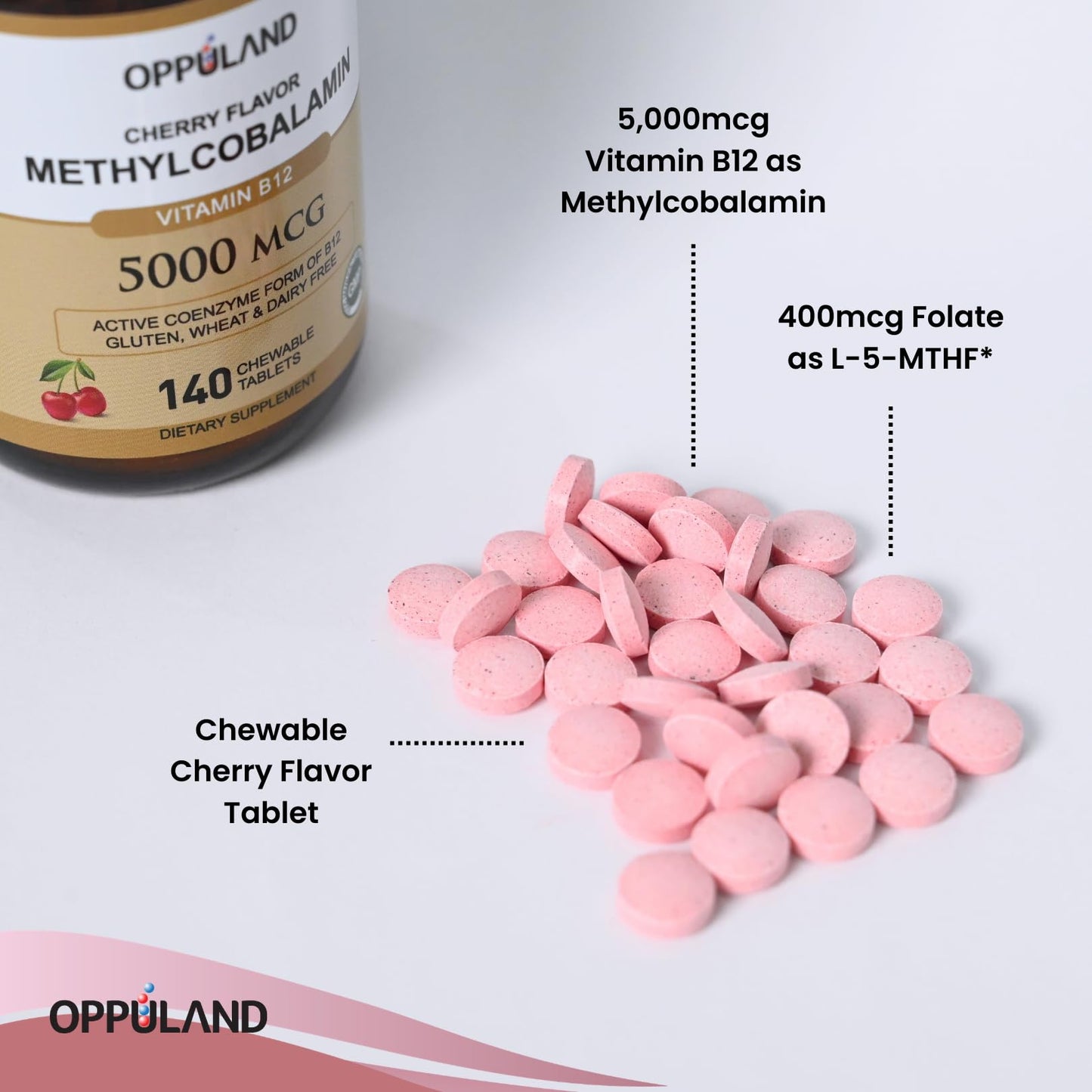 oppuland Methyl B-12 5000mcg Chewable with Folate - Vitamin B12 Methylcobalamin Sublingual Tablets - Supports Energy & Brain Function - Vegan Supplement - Cherry Flavor - 140 Count