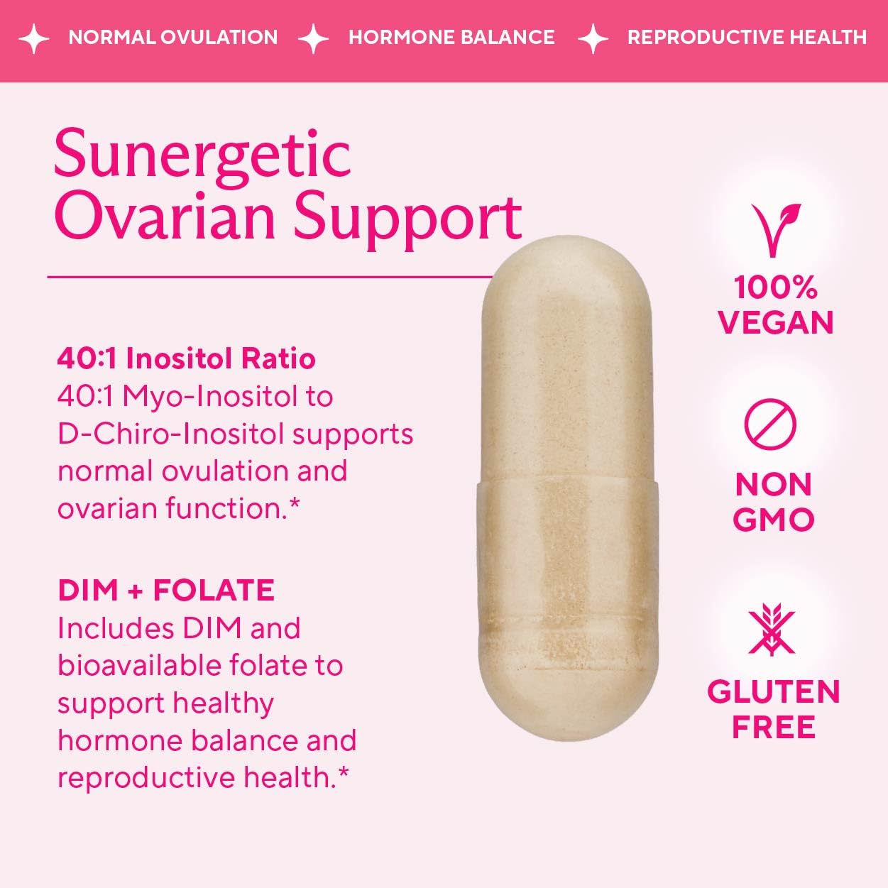 Sunergetic Ovarian Health Support Supplement – Myo-Inositol & D-Chiro Inositol for Women, 40:1 Inositol Ratio with Folate & DIM, 90 Capsules