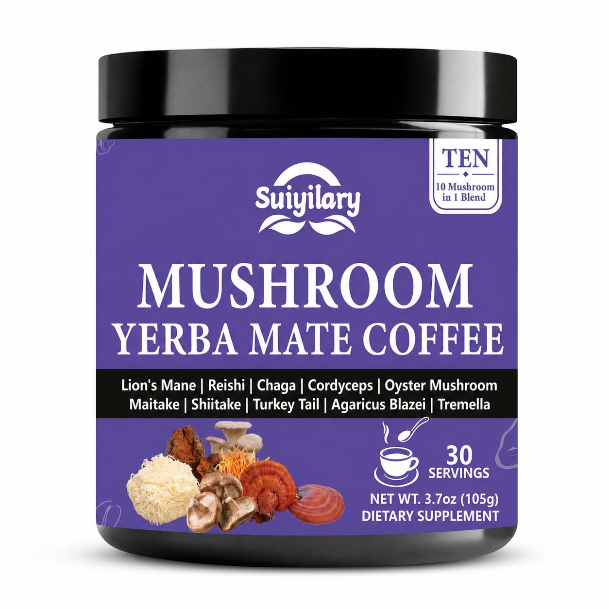 Suiyilary 10 Mushroom Coffee with Arabica, Lion's Mane, Yerba Mate Powder, 3.7 oz, 30 Servings
