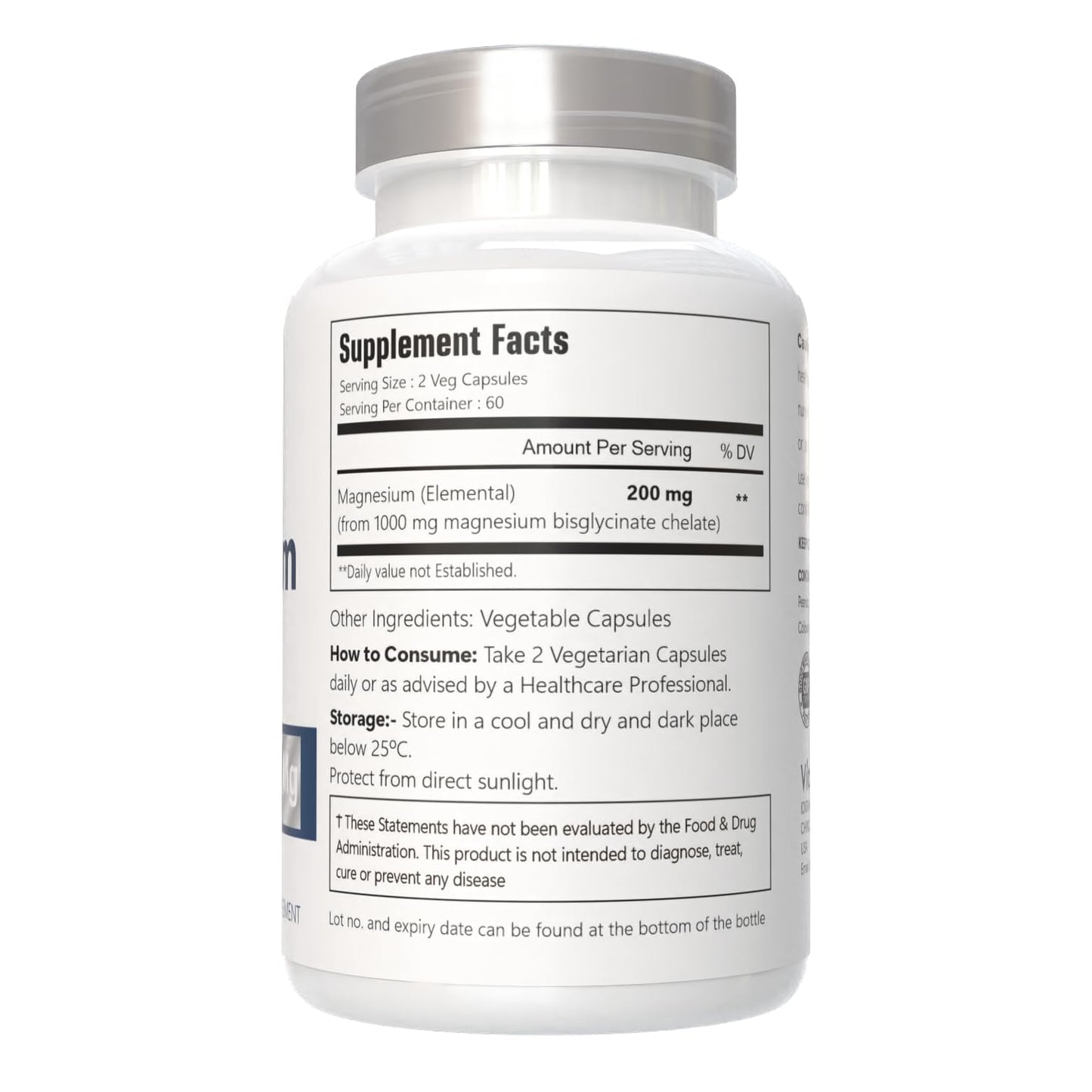 VitaCosmoX Chelated Magnesium Bisglycinate 200mg Capsules, 120 Count