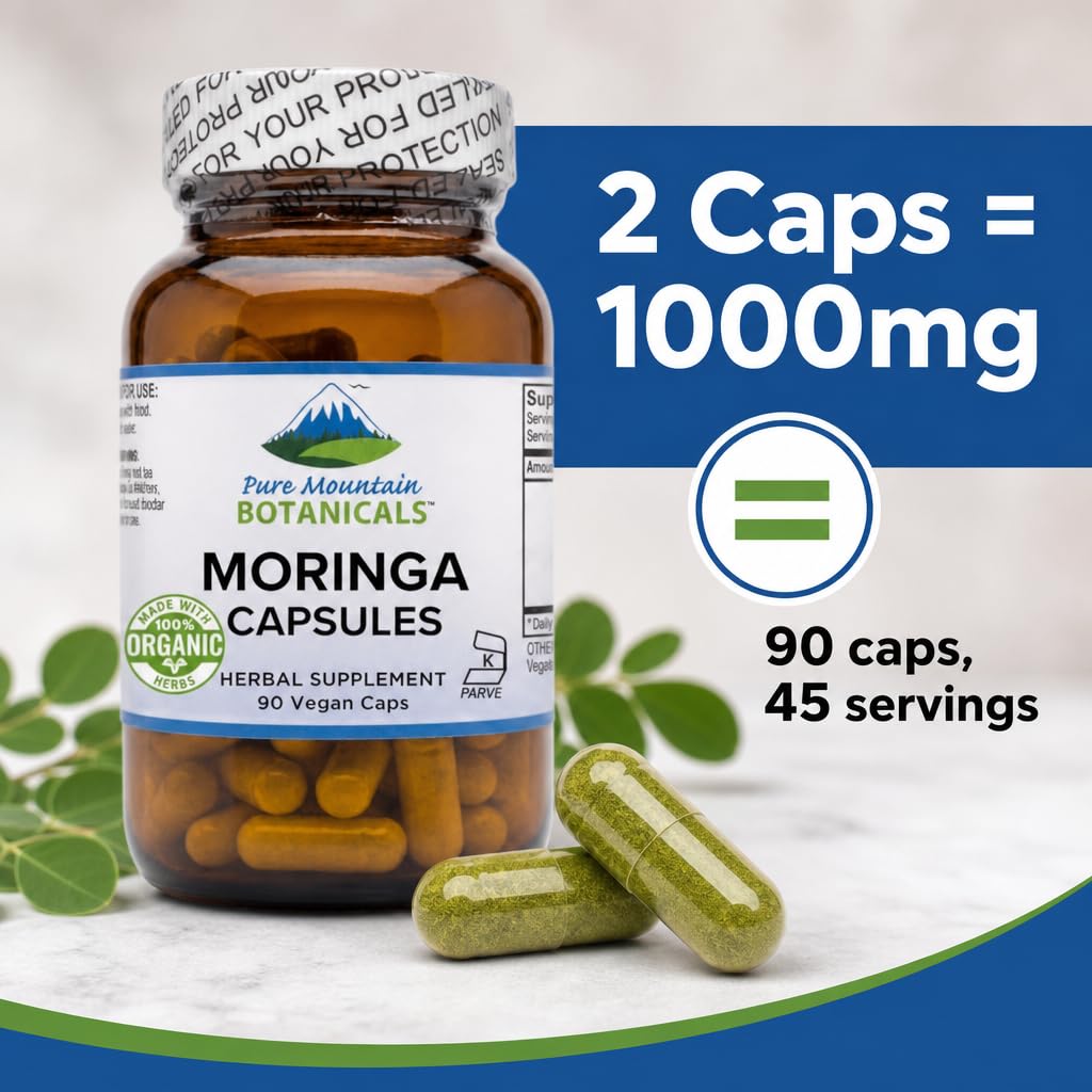 Pure Mountain Botanicals Moringa Capsules 1000mg Organic Moringa Oleifera Leaf, 90 Capsules