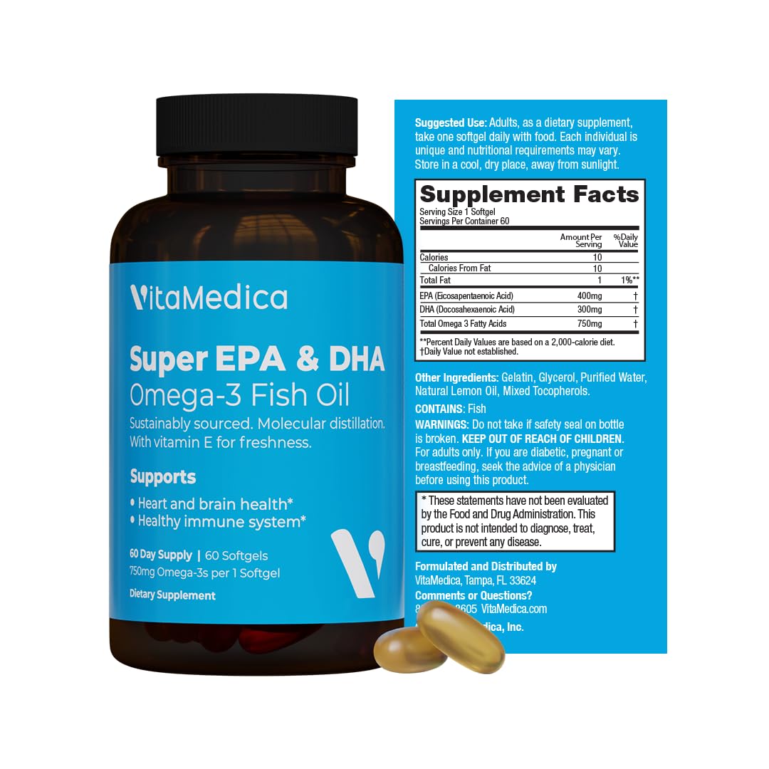 VitaMedica High-Potency, Super EPA/DHA Fish Oil 750mg of Essential Omega-3 Fatty Acids EPA & DHA Heart Health, Brain Health, Immune System Health Softgels 60