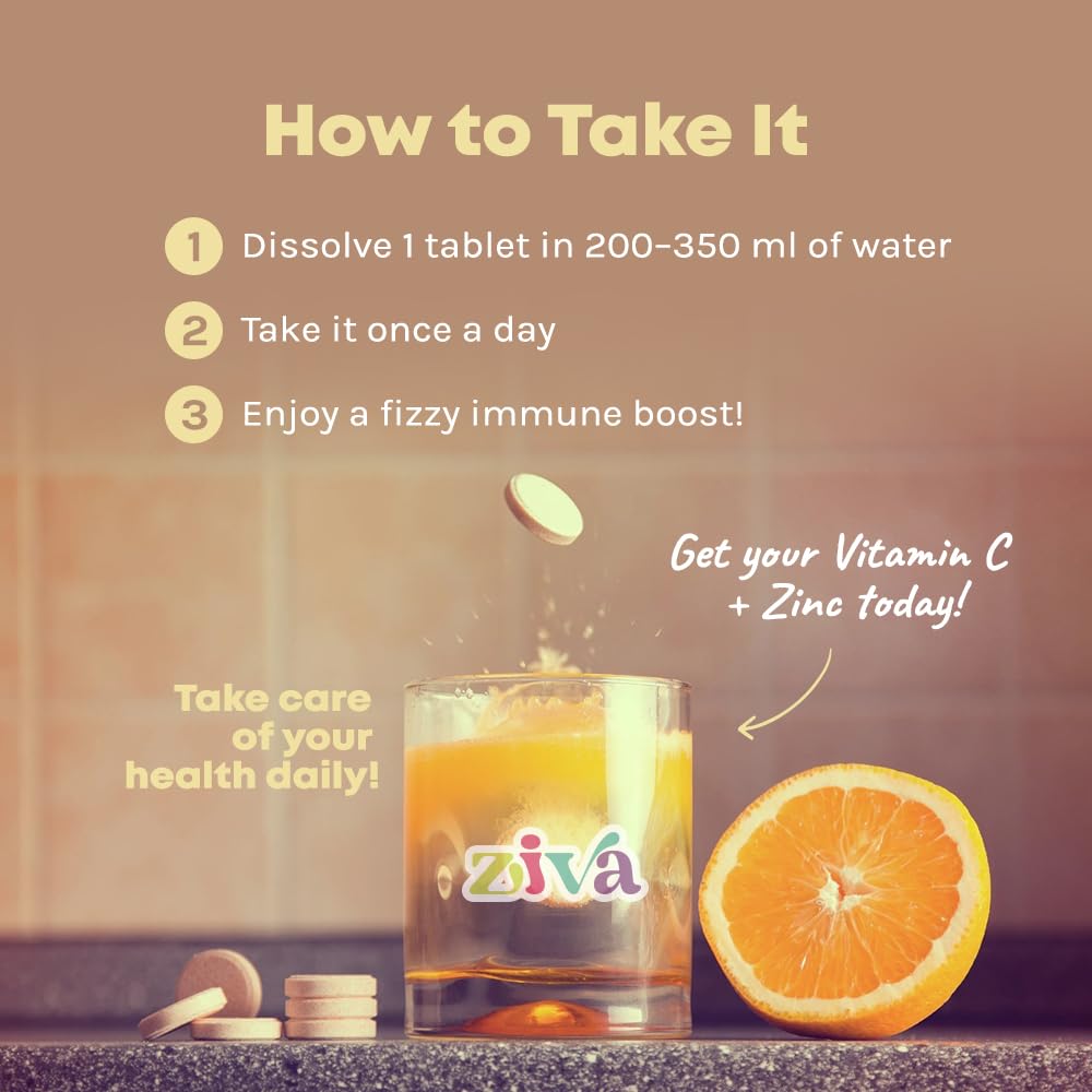 ZIVA Vitamin C + Zinc Effervescent Tablets Powder, 120 Count