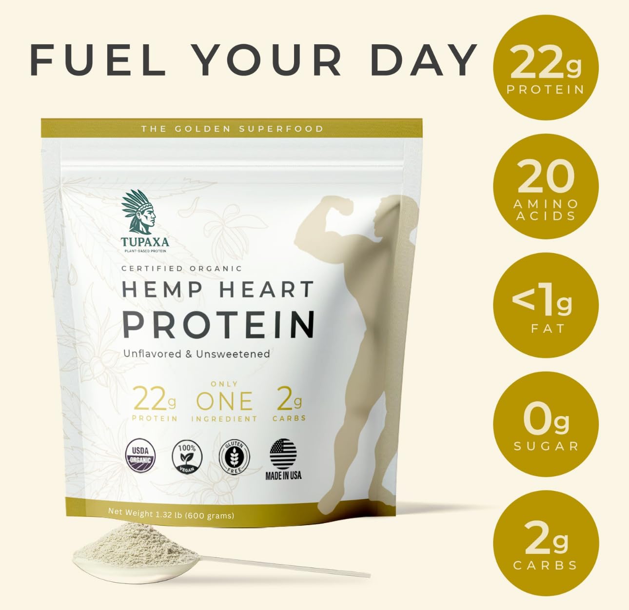 TUPAXA USDA Organic Hemp Protein Powder, Unflavored, 21.12 oz