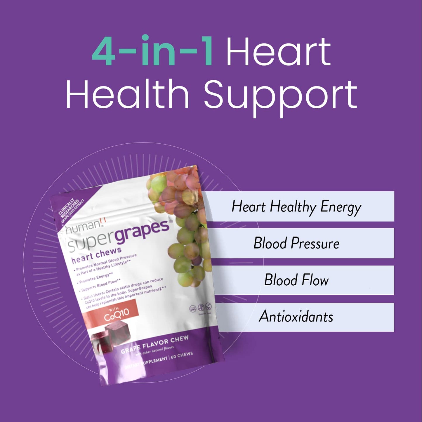 HumanN SuperGrapes Chews Supplement 100mg CoQ10 and Grape Seed Extract Gummy 60 Count