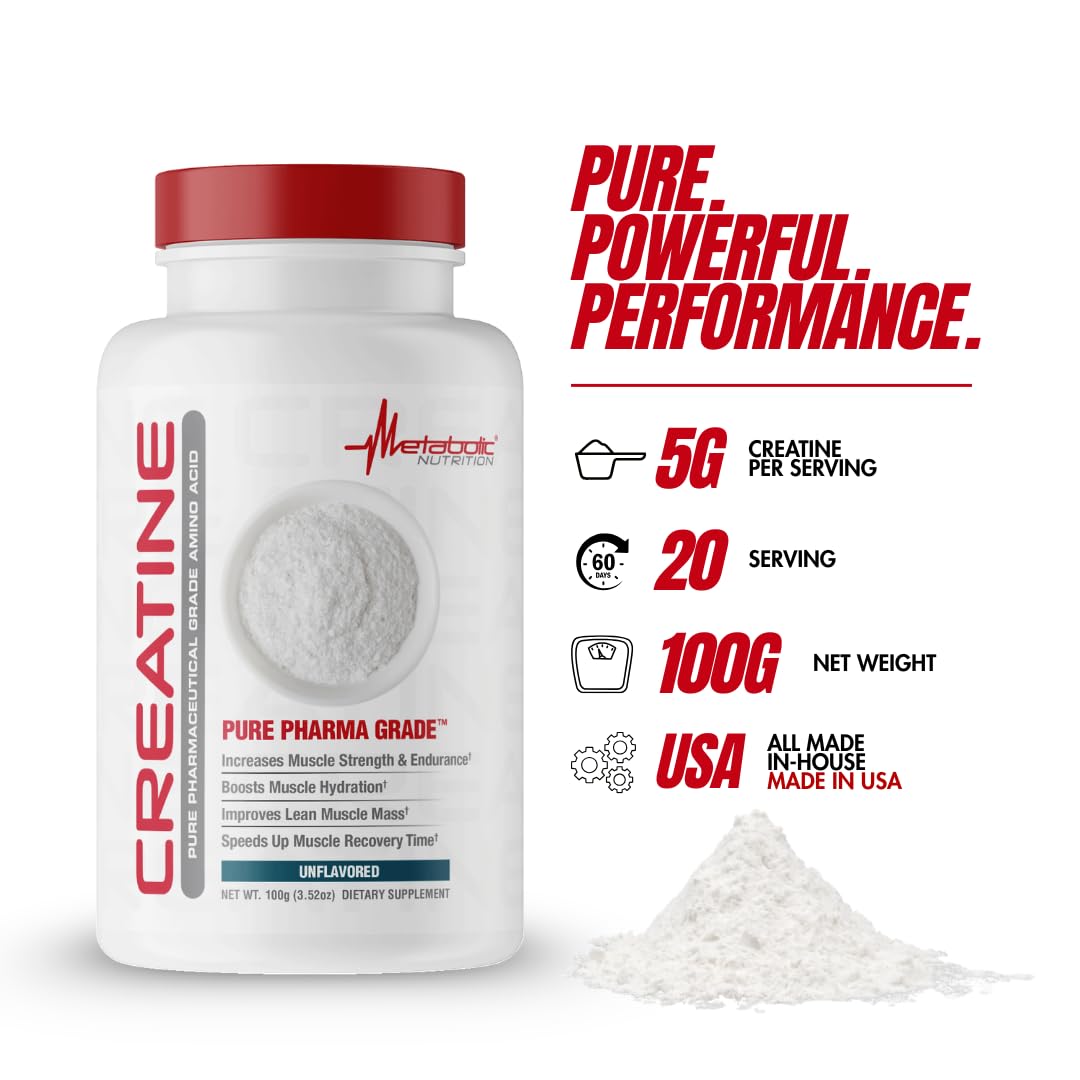 Metabolic Nutrition Creatine Monohydrate Powder, Unflavored, 100g (20 Servings)