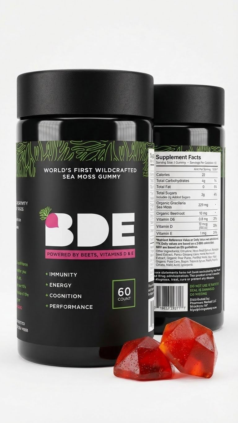 BDE Wildcrafted Sea Moss Gummy Maca Root, Beets, Lions Mane Mushroom, Vitamin D + E - Vegan Collagen, Zinc, Immunity & Detox, Gut Health, 60 Count