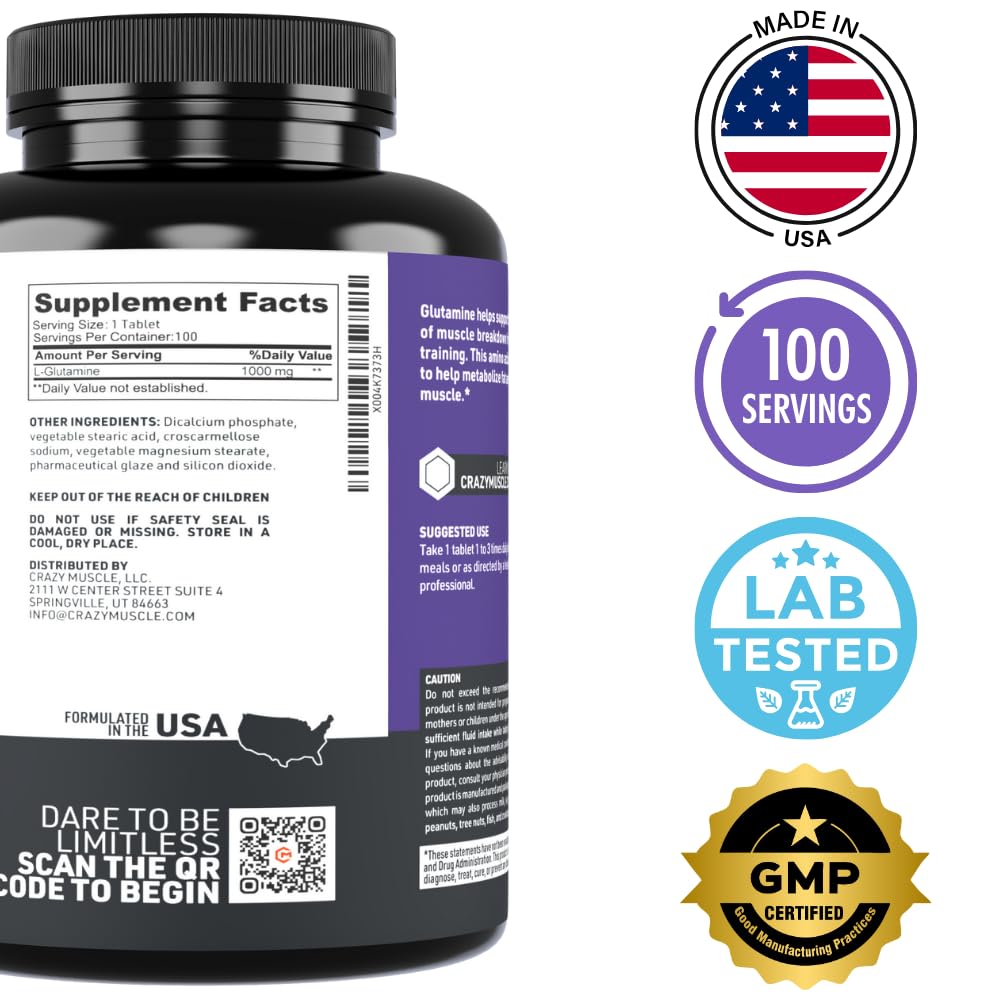 Crazy Muscle L-Glutamine 1000mg Tablets, 100 Count