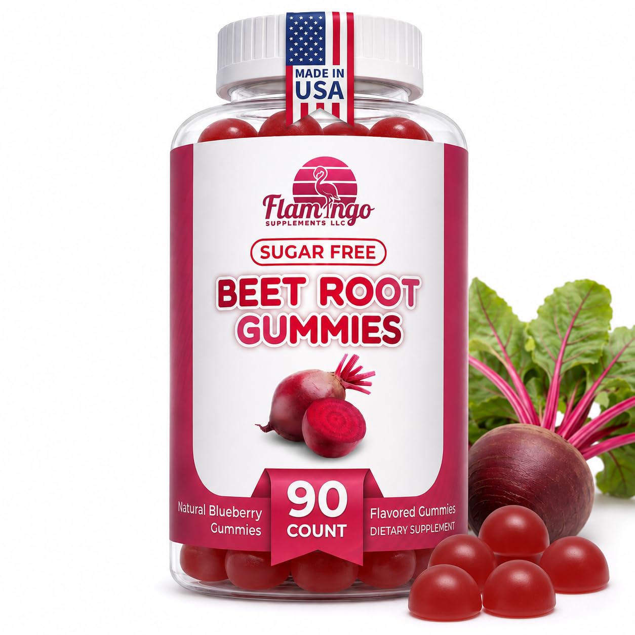 Flamingo Supplements Sugar Free Nitric Oxide Beet Root Gummies - Beet Root Chewables for Athletic Performance, Nitric Oxide Booster, Energy, Blood Flow and Circulation, 90 Gummies