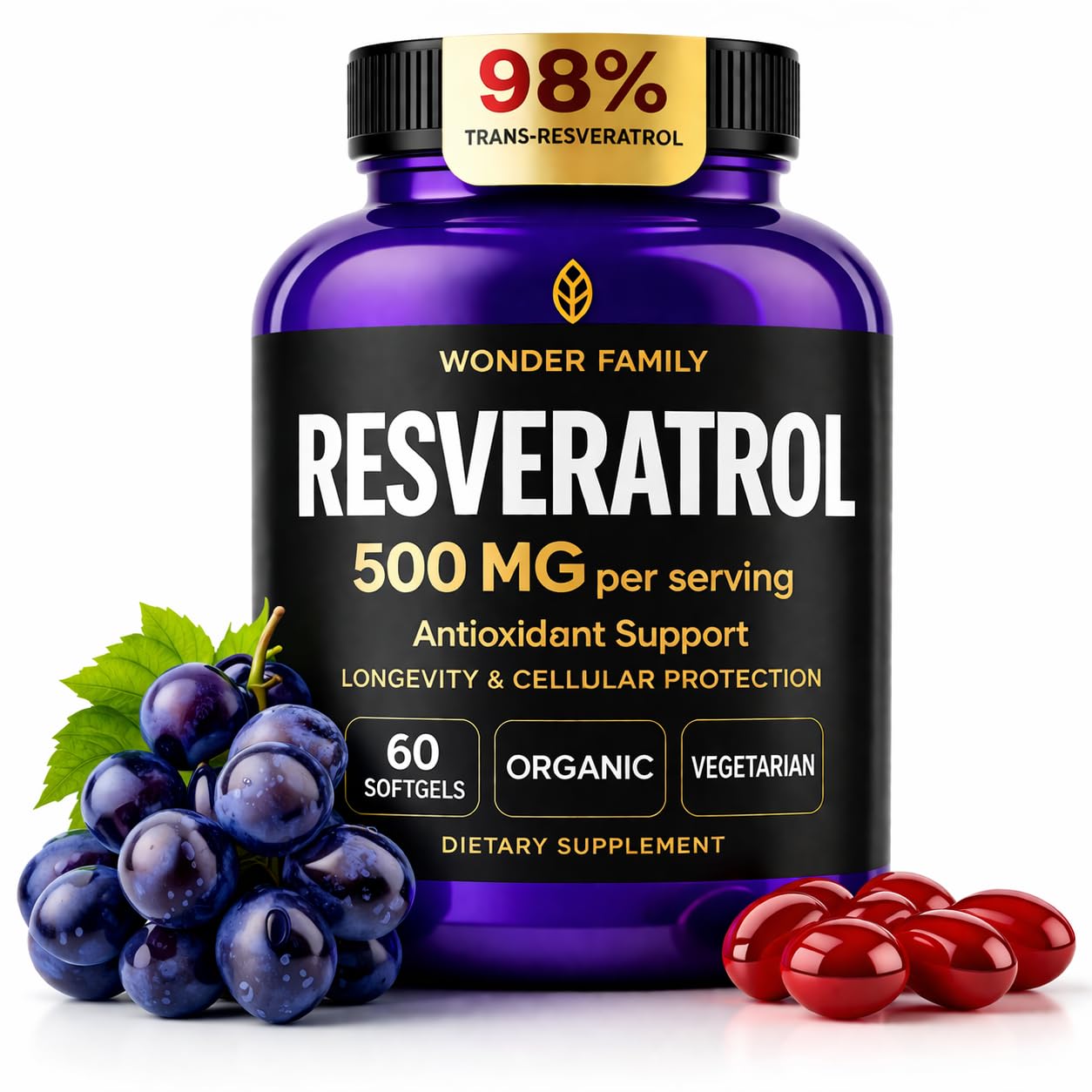 WONDER FAMILY Resveratrol Supplement 500mg – 98% Trans Resveratrol Organic Complex – NAD Resveratrol Antioxidants & Anti Aging Supplement Softgel 60 Count