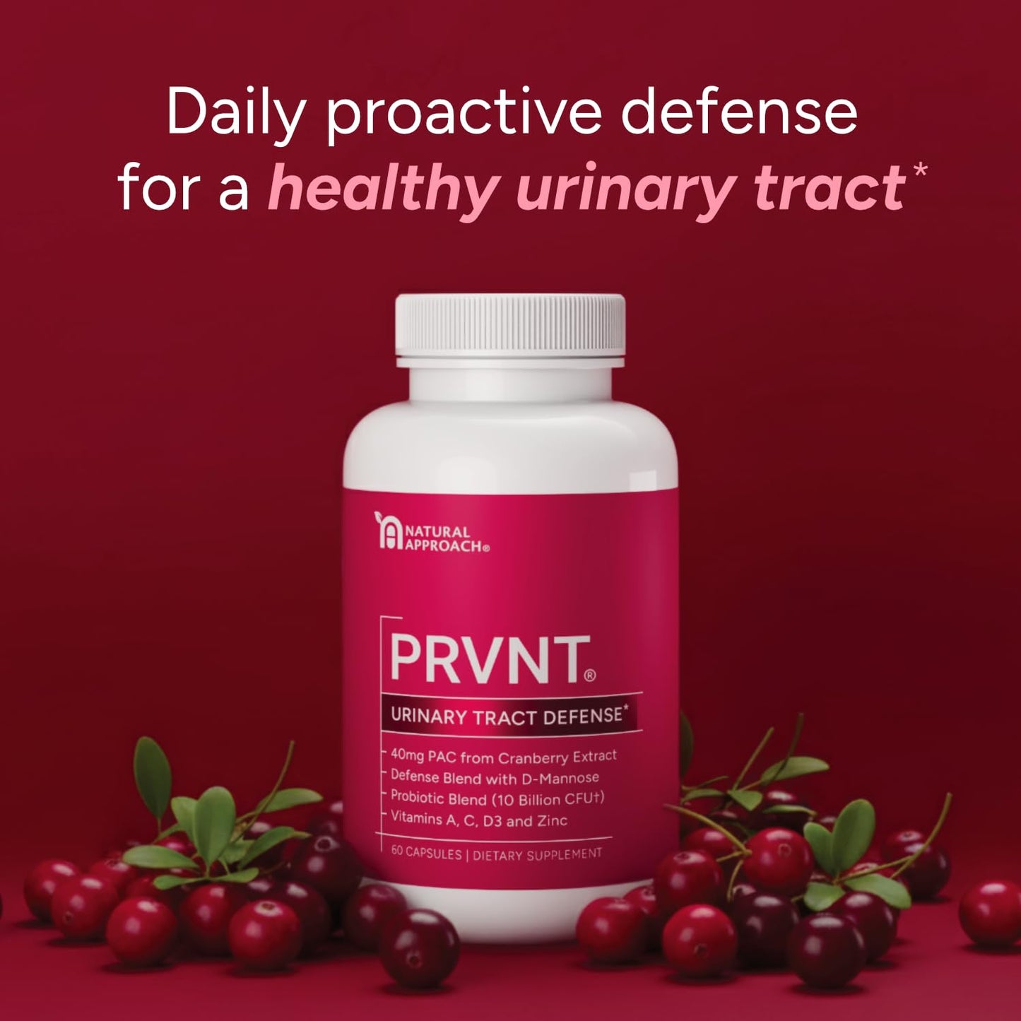 PRVNT Urinary Tract Defense with Cranberry PAC, D-Mannose, Probiotics & Vitamins, 60 Capsules