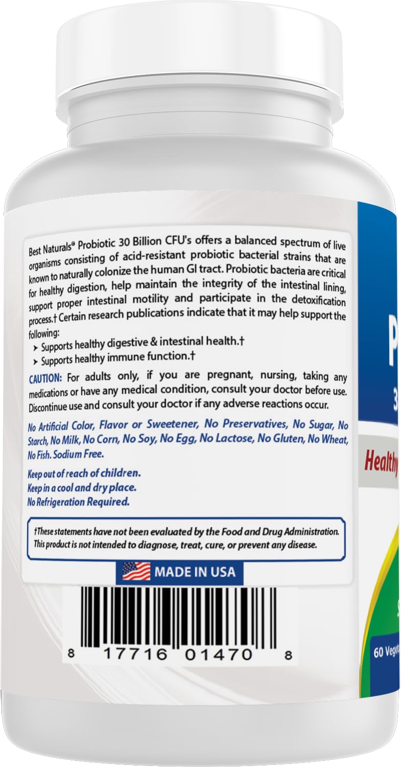Best Naturals Probiotic 10 Strains & 30 Billion CFU Intestinal Flora Capsules, 120 Capsules