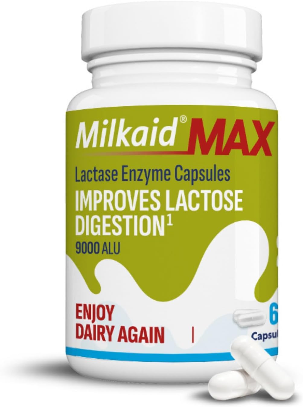 Milkaid Max Capsules for Lactose Intolerance Relief with Lactase Enzyme, 60 Capsules
