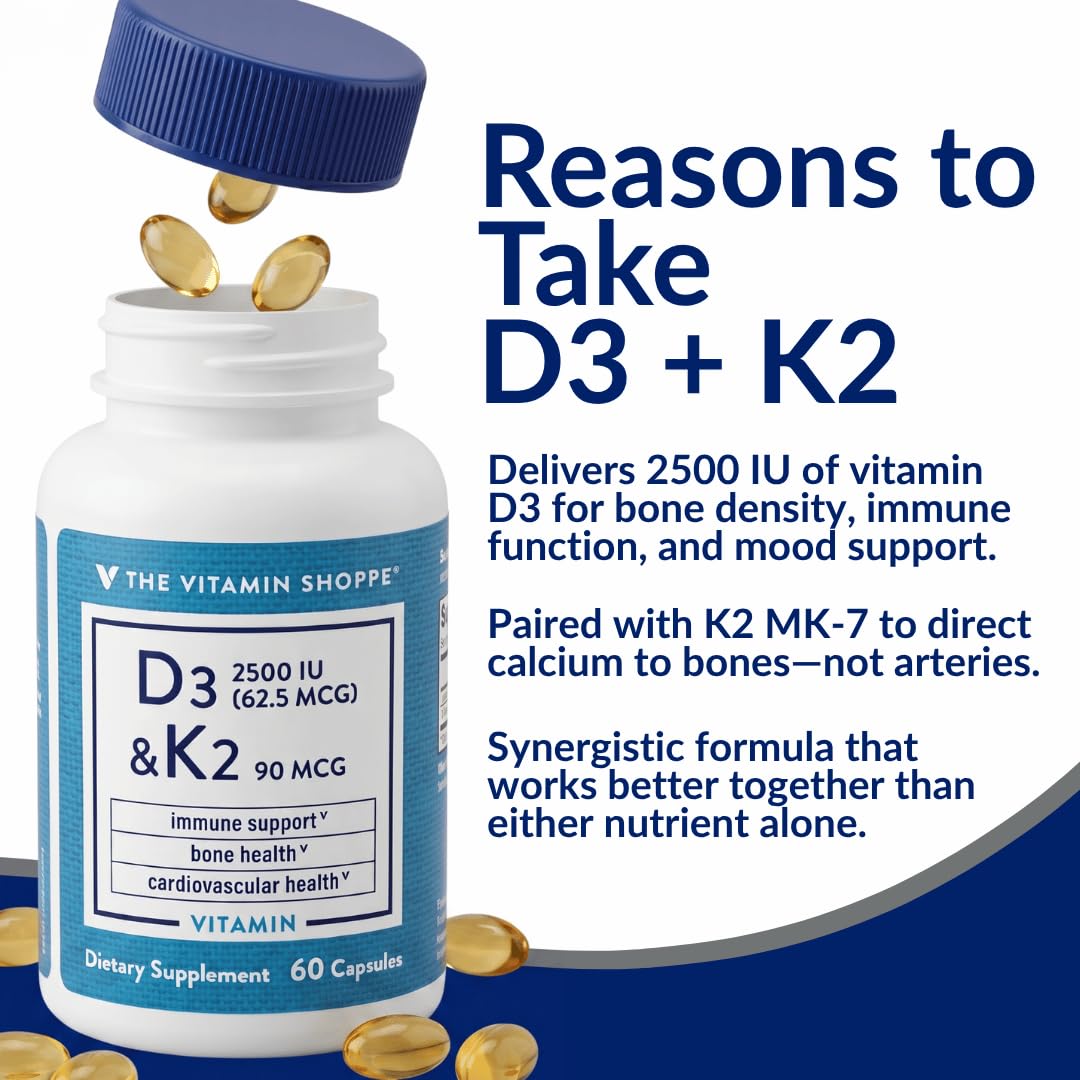The Vitamin Shoppe Vitamin D3 2500 IU & K2 90 mcg Capsules, 60 Count