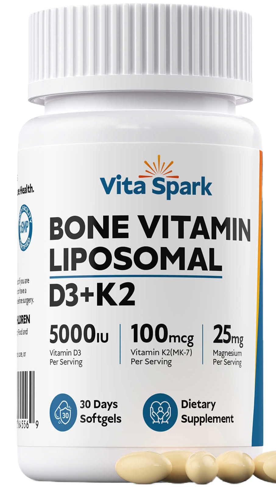 Vita Spark Vitamin D3 K2 Liposomal Bone Vitamins Supplement 30 Softgels