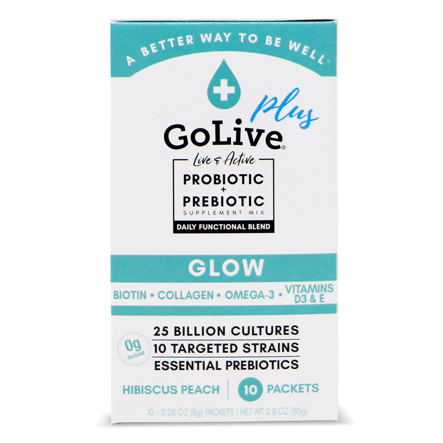 GoLive Probiotics & Prebiotics Glow for Beauty Synbiotic Powder, 25 Billion CFUs, 10 Strains, 2.8 Ounce