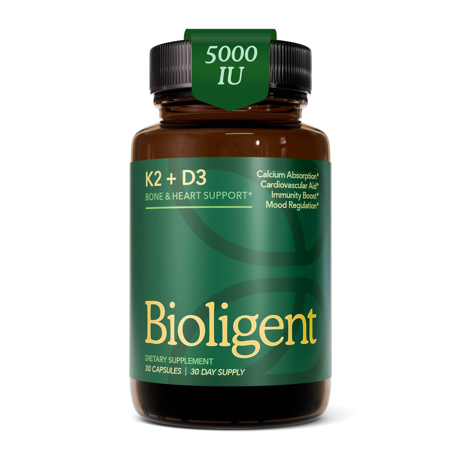 BIOLIGENT Vitamin D3 K2 Supplement 5000 IU Capsule, 30 Capsules, Vegan, Non-GMO, Gluten Free