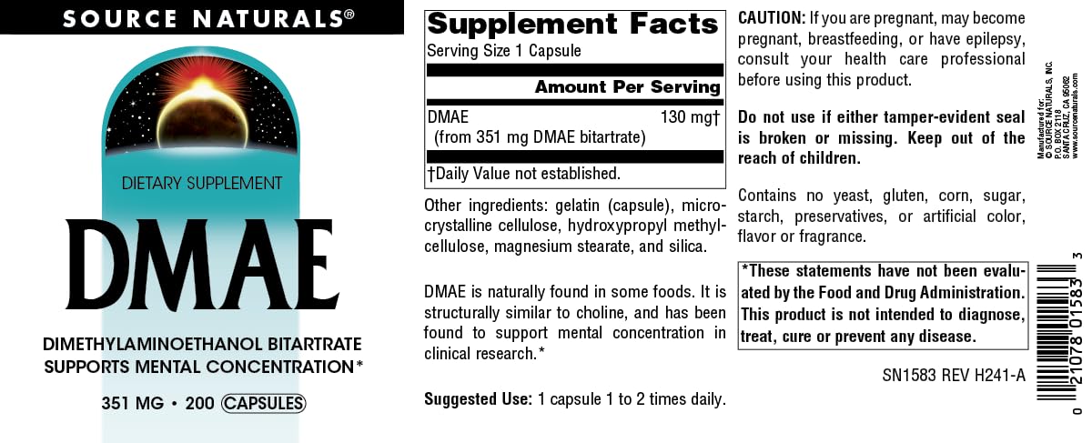 Source Naturals DMAE, Dimethylaminoethanol Bitartrate Capsules 200