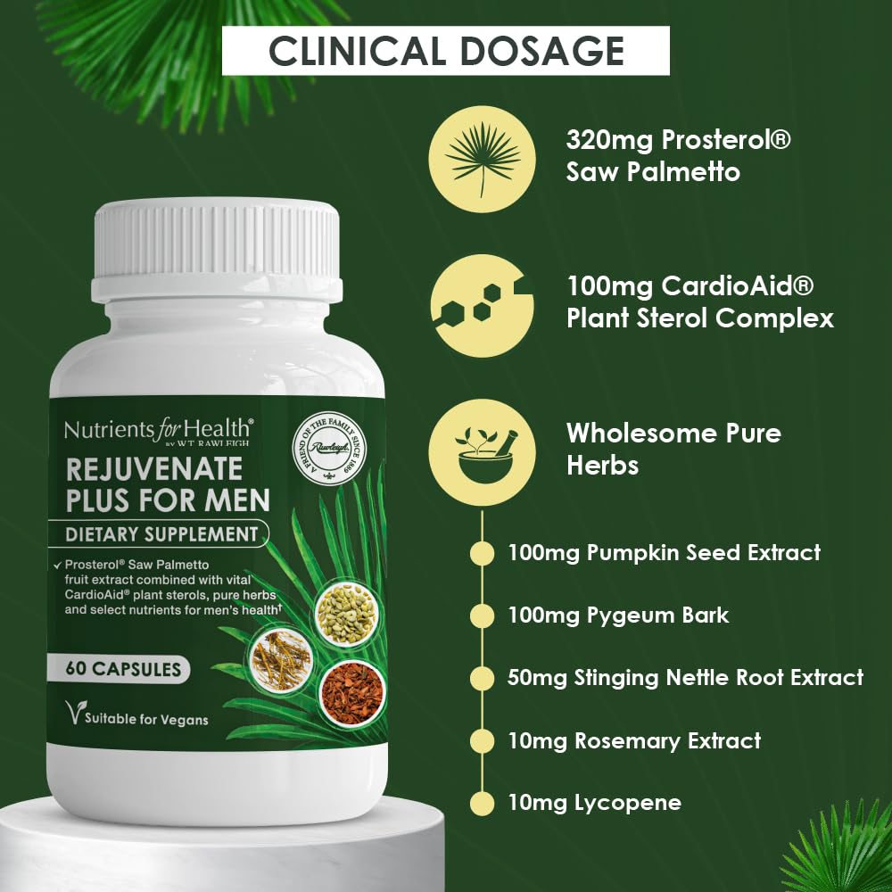 Nutrients for Health Saw Palmetto Prostate Supplement for Men – Clinically Dosed Beta-Sitosterol, Pygeum, Pumpkin Seed, Zinc, 120 Capsules