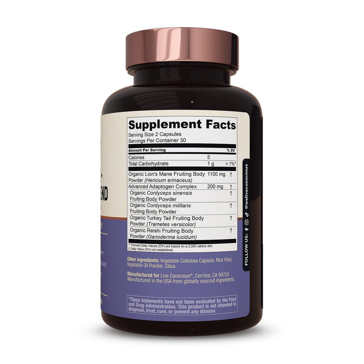 Live Conscious Lions Mane Mushroom Supplement Capsule, 60 Count