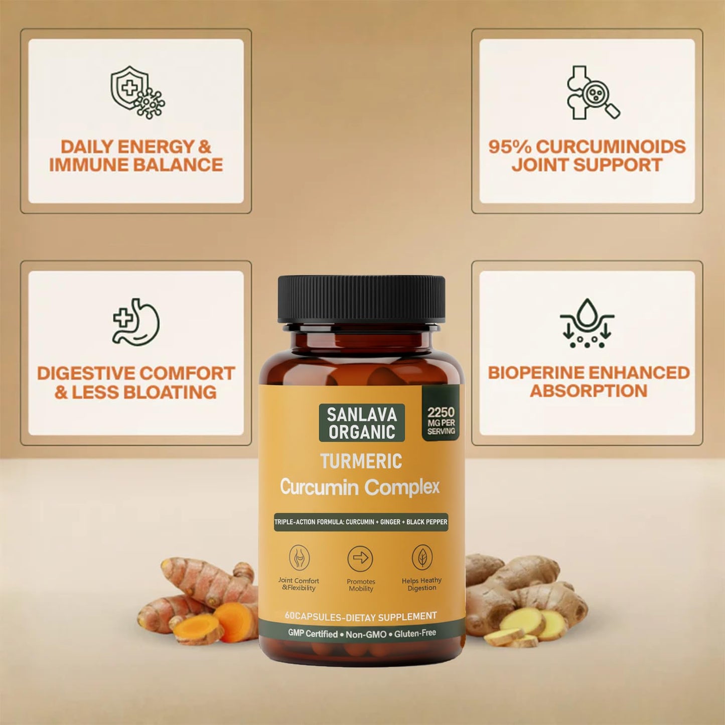 Sanlava Organic Turmeric 3 in 1, Curcumin Ginger Black Pepper, 60 Capsules