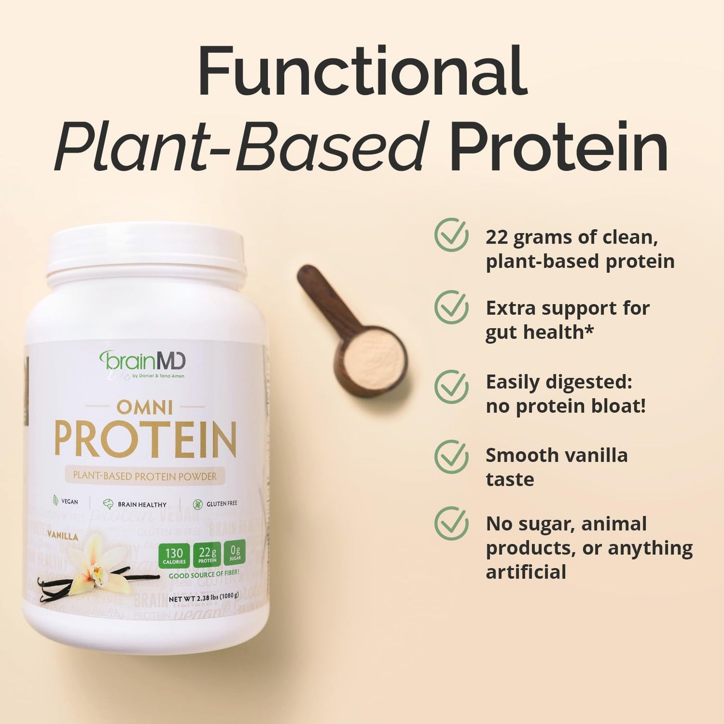 BRAINMD Dr Amen OMNI Protein Vanilla Protein Powder, 38.08 oz