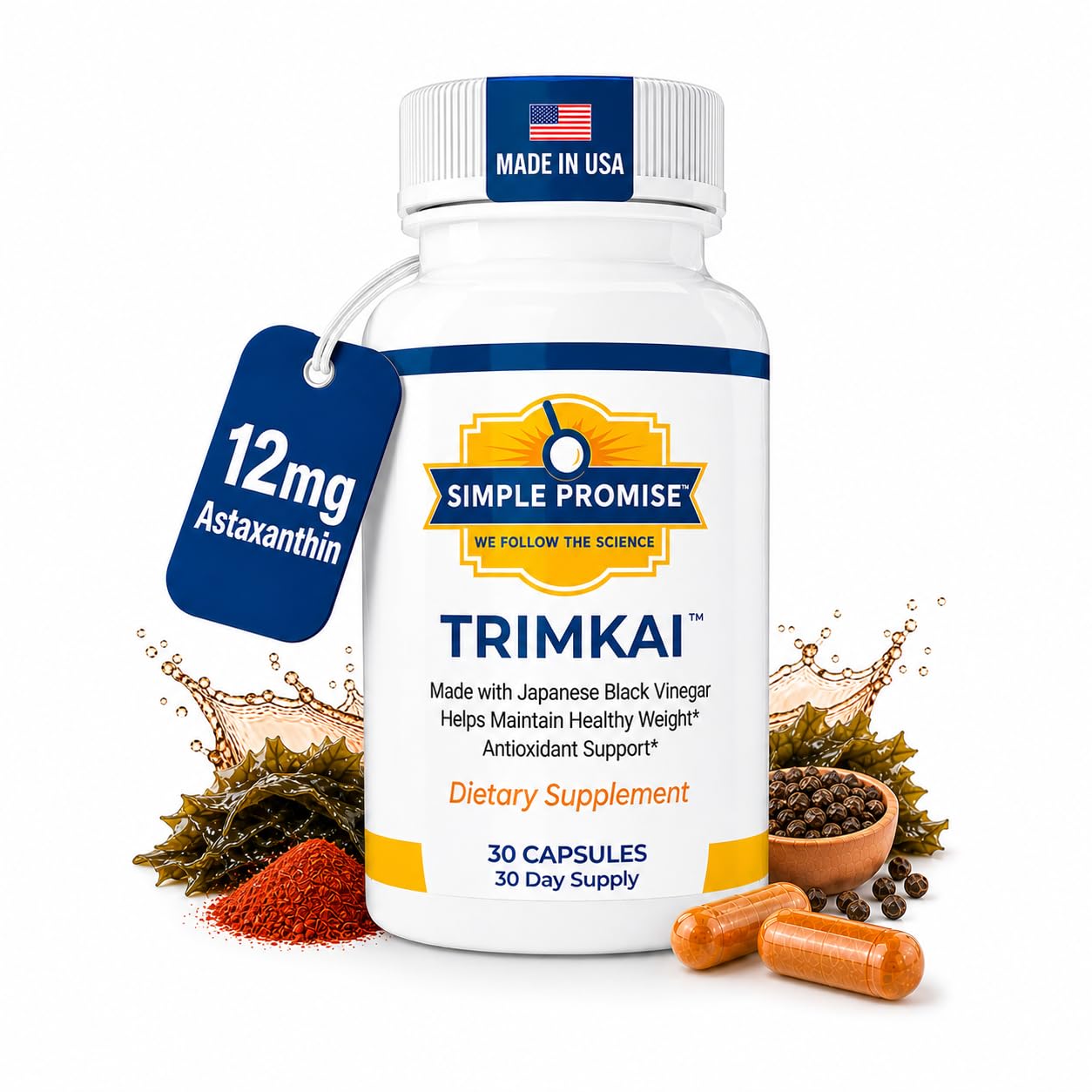 Simple Promise TrimKai Japanese Black Vinegar Capsules for Metabolism Support with Astaxanthin 12mg, Seaweed & Black Pepper Extract - Plant-Based Formula, 30 Capsules