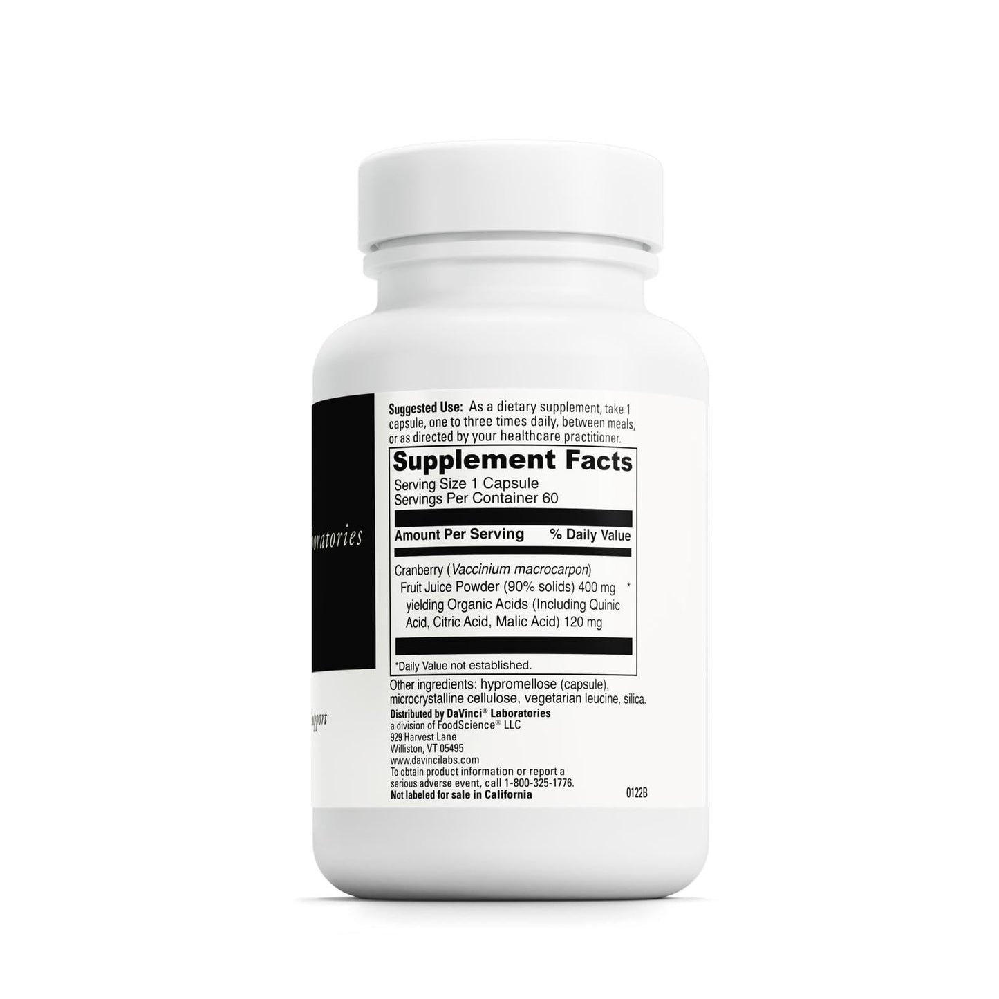 DAVINCI Cranberry Urinary Tract Health Support Cranberry Extract with Quinic, Citric & Malic Acid, Vegetarian, Gluten-Free, 60 Capsules