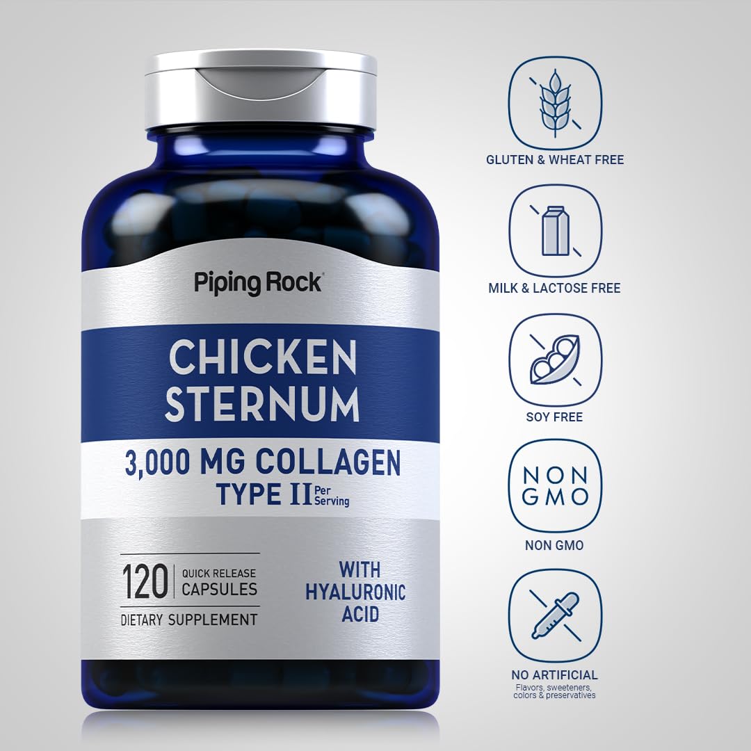 Piping Rock Chicken Sternum Type II Collagen Supplement 3000mg Capsules 120 Count