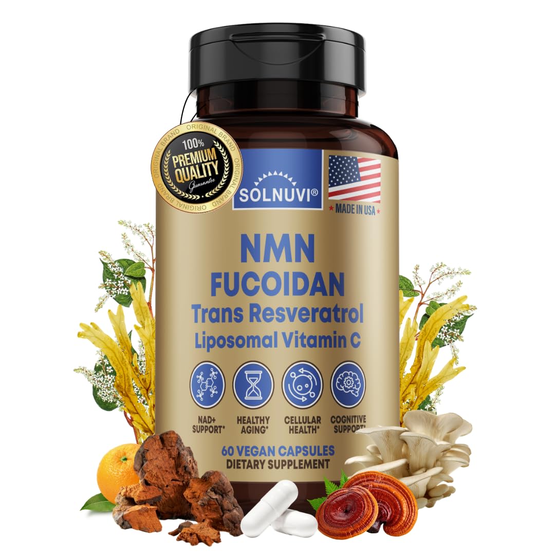 SOLNUVI NMN 500mg & Fucoidan with Trans-Resveratrol, Liposomal Vitamin C, Chaga, Reishi & Maitake Mushroom Extract - NAD+, Mitochondrial Health, 60 Capsules