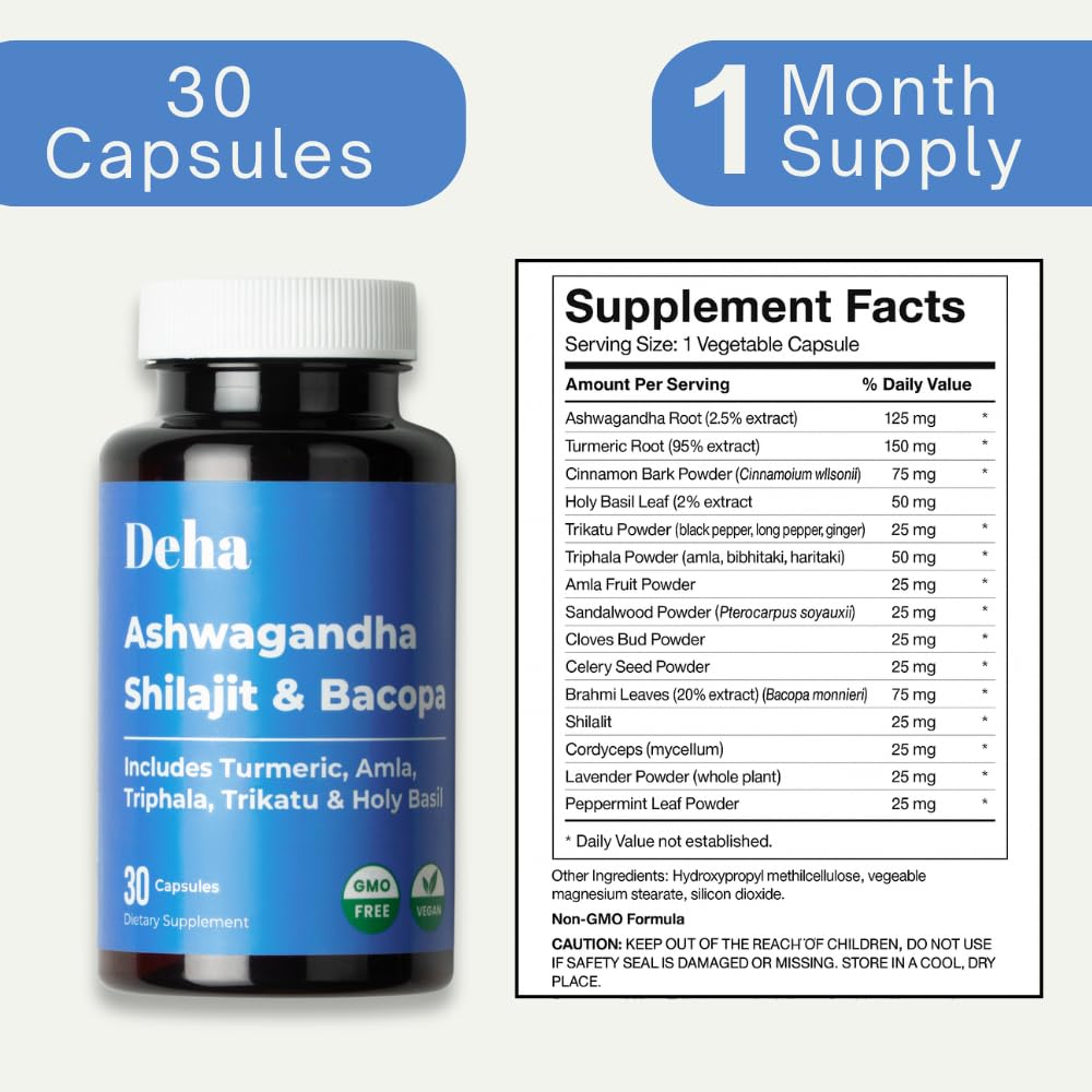 Deha Ashwagandha Shilajit Bacopa Capsules, 30 Count